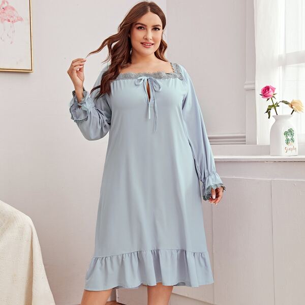 

Plus Lace Panel Ruffle Hem Chiffon Night Dress, Dusty blue