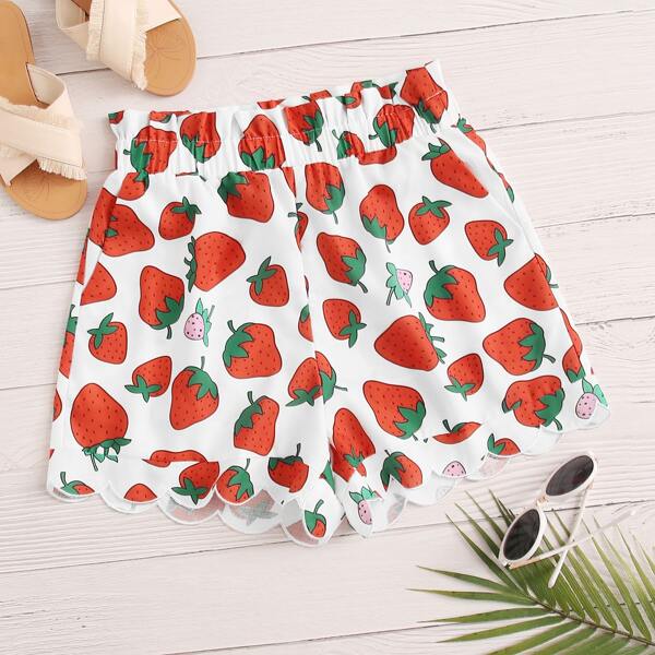 

Strawberry Print Paperbag Waist Scallop Edge Shorts, Multicolor