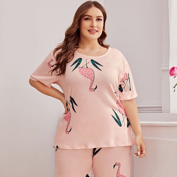 

Plus Flamingo Print PJ Set, Pink