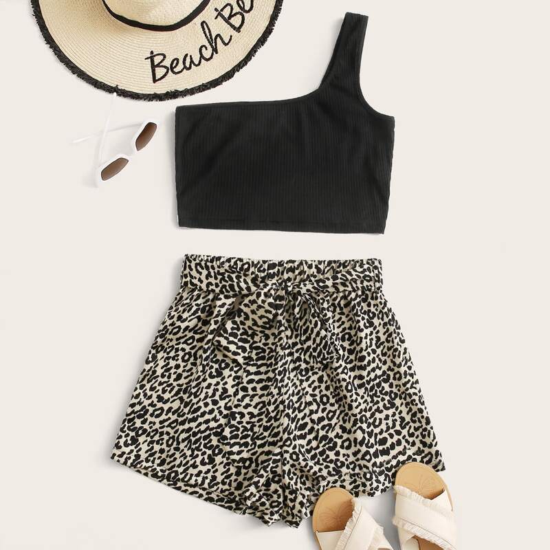 

One Shoulder Crop Top and Self Belted Leopard Shorts Set, Multicolor