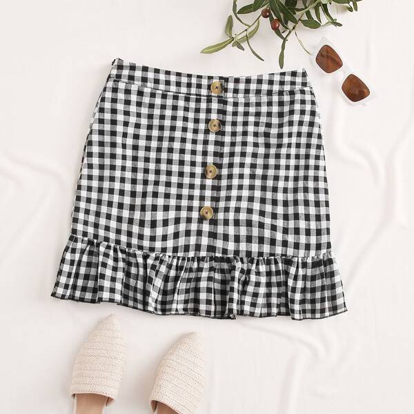 

Button Front Ruffle Hem Buffalo Plaid Skirt, Black and white