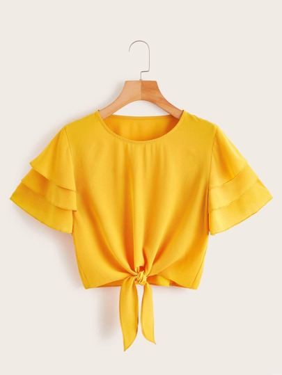 Plus Knot Front Layered Sleeve Crop Blouse