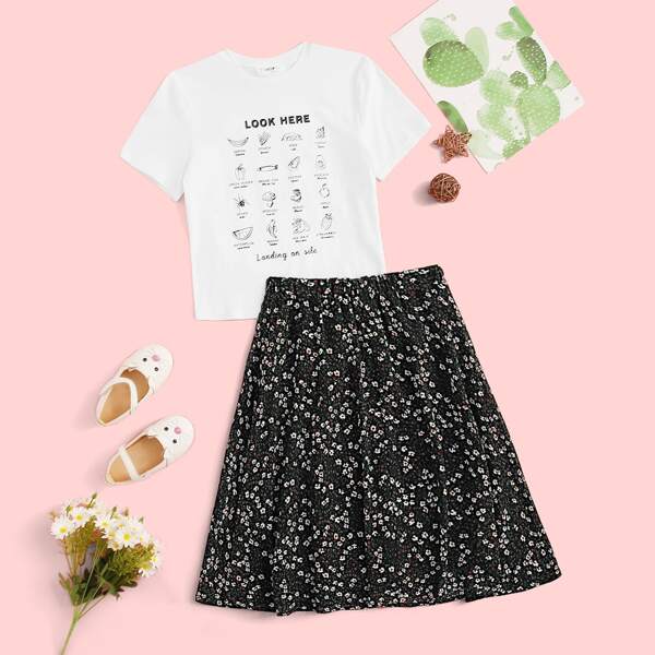 

Girls Mixed Print Top & Ditsy Floral Skirt Set, Black and white