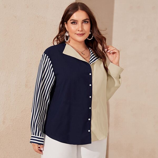 

Plus Drop Shoulder Striped Colorblock Blouse, Multicolor