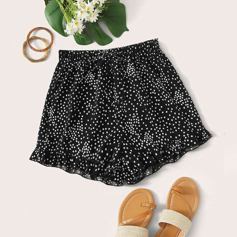 

Knot Front Ruffle Hem Dot Print Shorts, Black and white