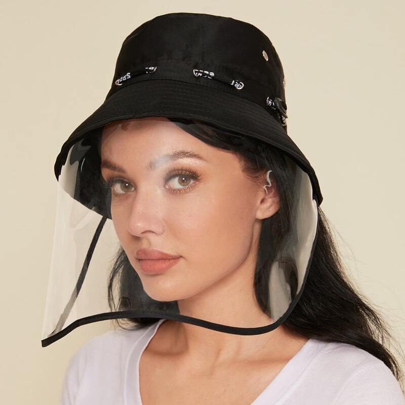 

Drawstring Bucket Hat With Non Detachable Face Shield, Black