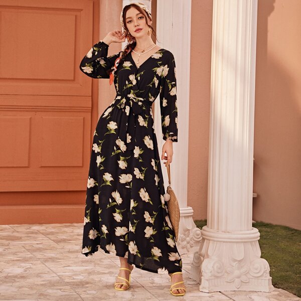 

Floral V Neck Belted Long Dress, Black