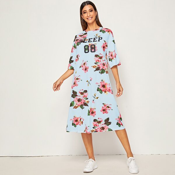 

Drop Shoulder Floral & Letter Graphic Nightdress, Blue