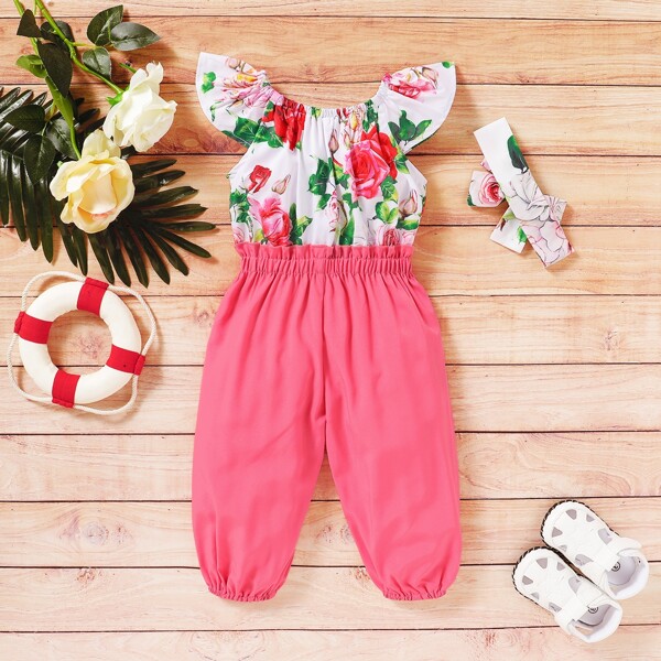 

Toddler Girls Floral Paperbag Waist Combo Jumpsuit With Headband, Multicolor