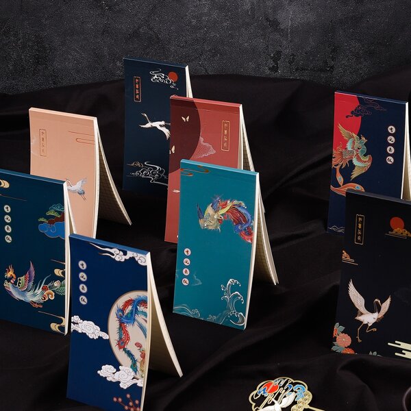 

1pc White Crane Print Cover Portable Note Pad