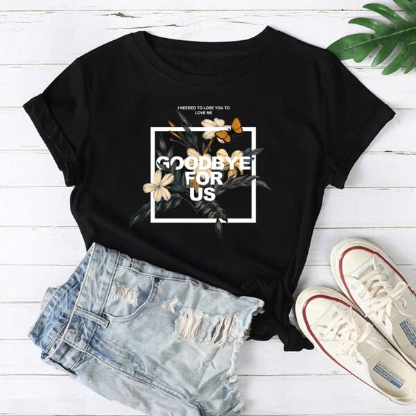 

Floral & Slogan Graphic Tee, Black