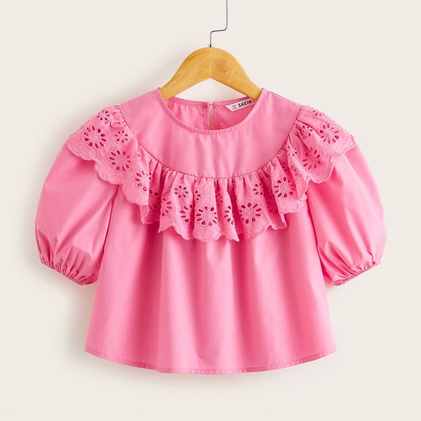 

Girls Puff Sleeve Eyelet Embroidered Ruffle Trim Top, Pink