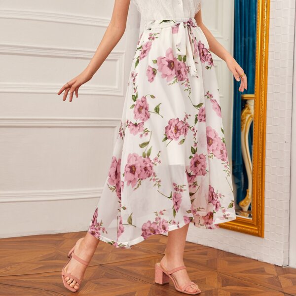 

Floral Print Belted A-line Skirt, White