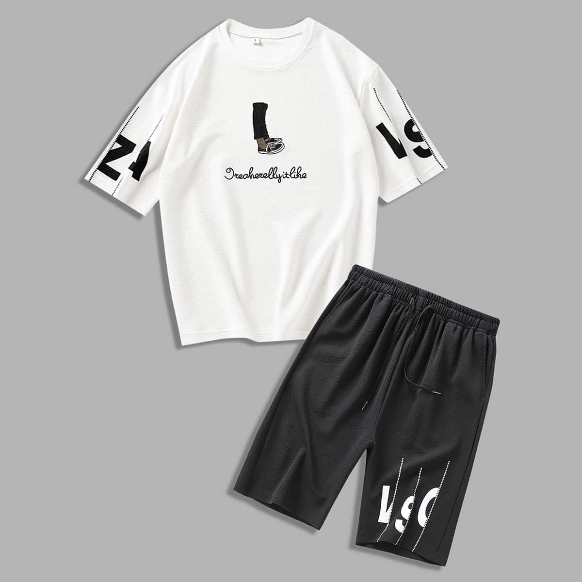 

Guys Letter Graphic Tee & Drawstring Track Shorts, Black and white