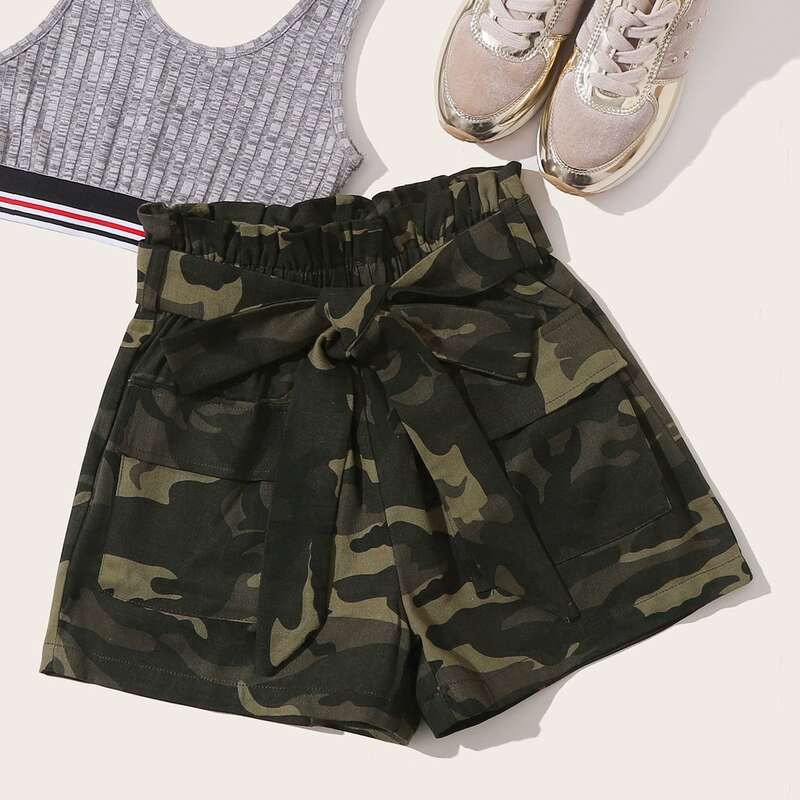 

Paperbag Waist Belted Flap Pocket Camo Shorts, Multicolor