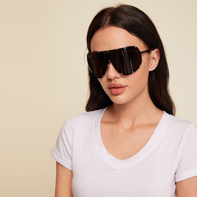 

Studded Flat Top Shield Sunglasses, Black