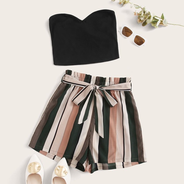 

Solid Tube Top & Paperbag Waist Belted Striped Shorts Set, Multicolor
