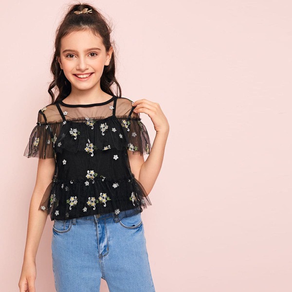

Girls Ruffle Trim Embroidery Mesh Top, Black