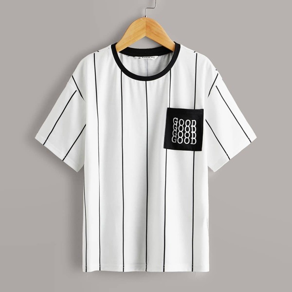 

Boys Contrast Neck Letter Graphic Patch Pocket Striped Top, White