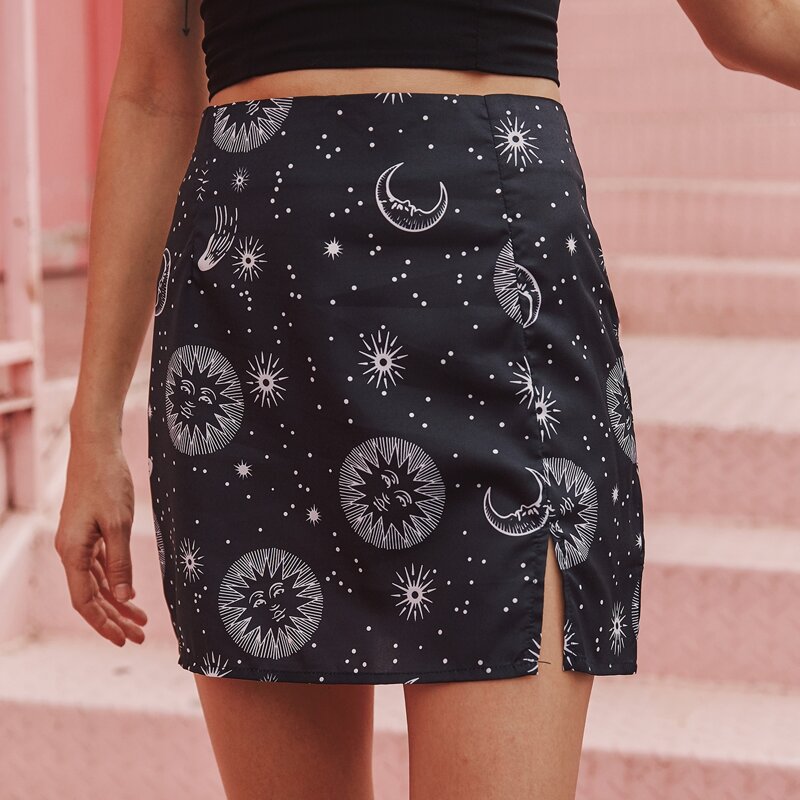 

Moon & Sun Print High-Rise Mini Skirt, Black
