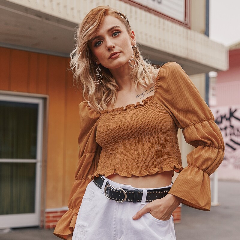 

Marie Sleeve Shirred Crop Top, Brown