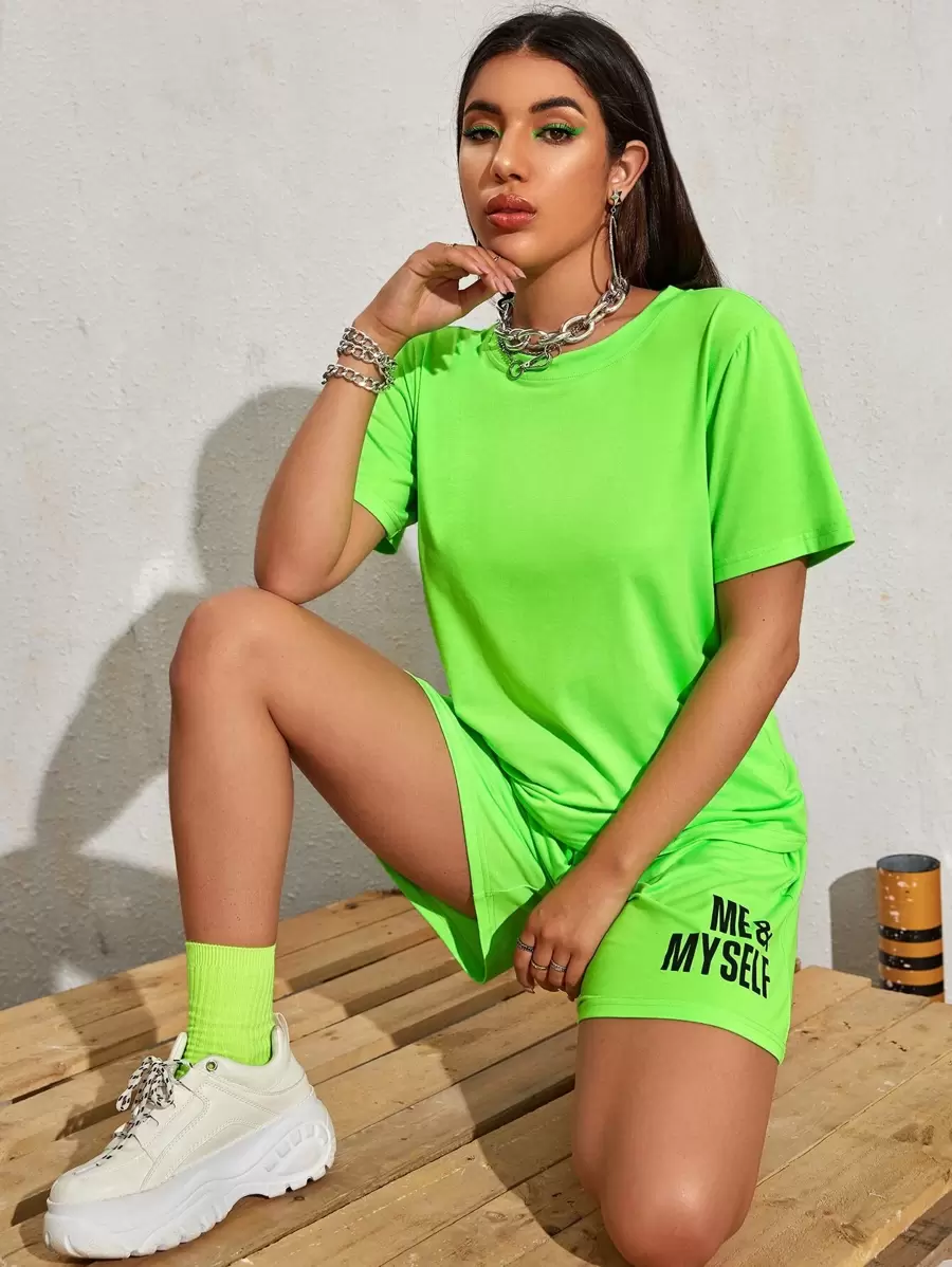 SHEIN Unity Neon Green Short Sleeve Tee Without Bag - Green - View 1