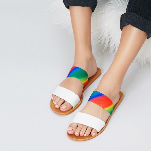 

Double Band Open Toe Rainbow Flat Slide Sandals, Multicolor