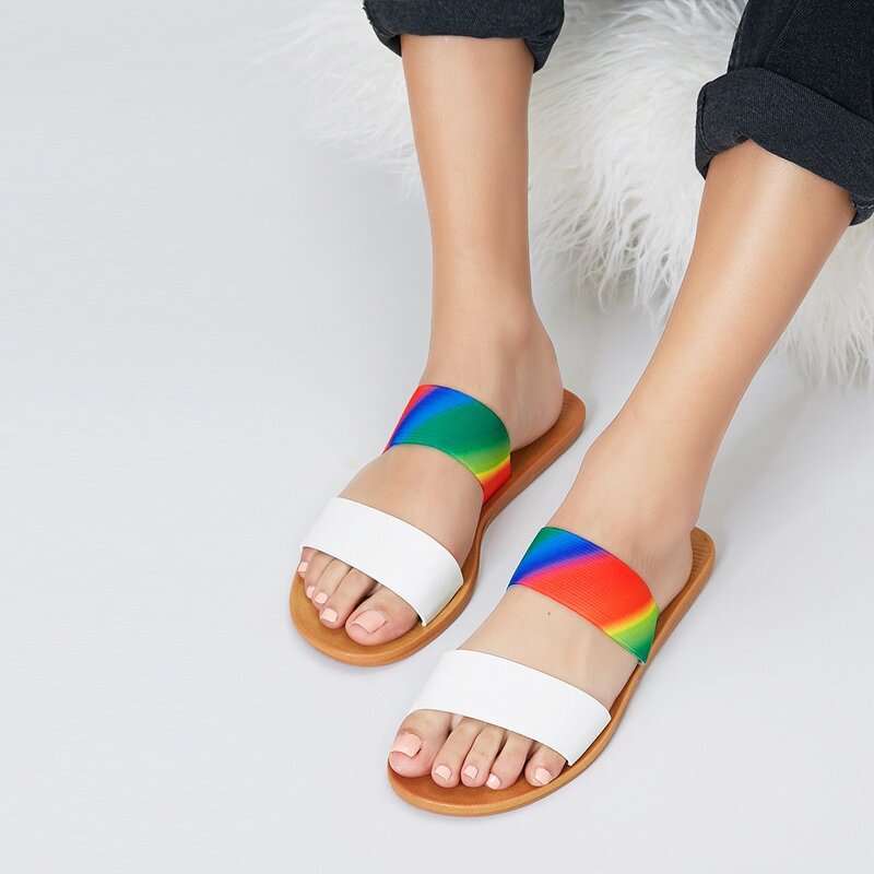 

Double Band Open Toe Rainbow Flat Slide Sandals, Multicolor