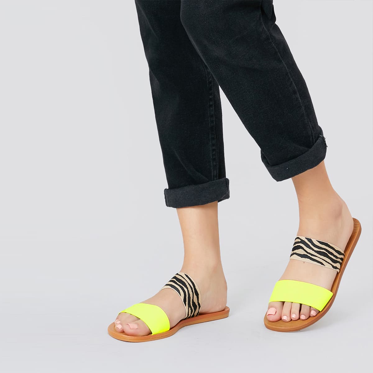 

Neon Zebra Stripe Two Band Slide Sandals, Multicolor