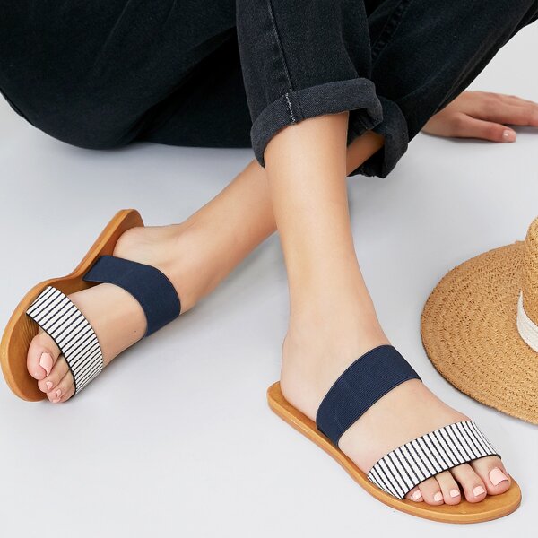 

Stripe Fabric And Elastic Band Flat Slide Sandals, Multicolor