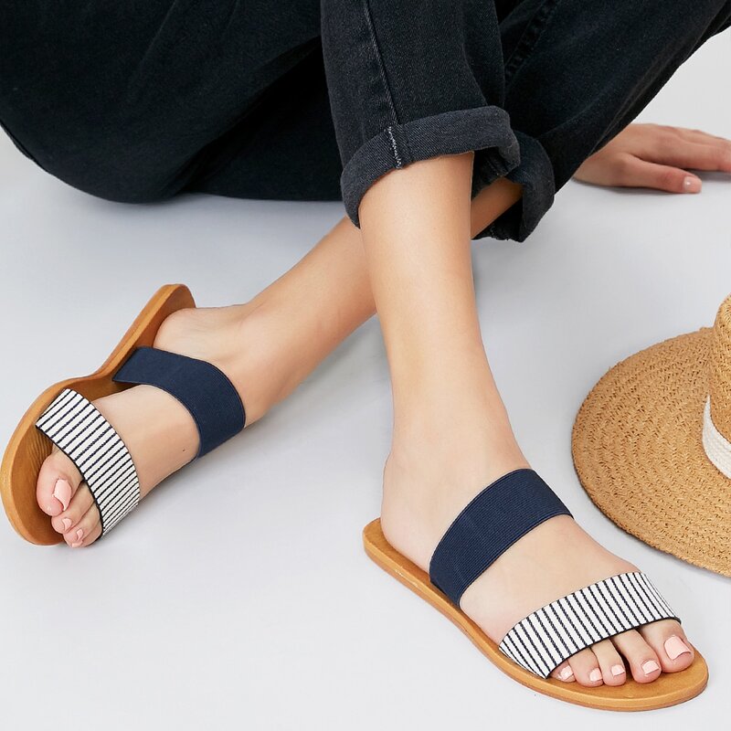 

Stripe Fabric And Elastic Band Flat Slide Sandals, Multicolor