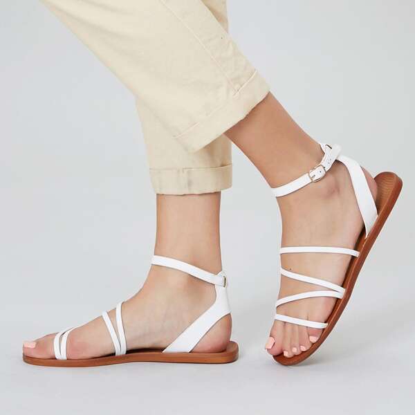 

Strappy Buckled Ankle Gladiator Sandals, White