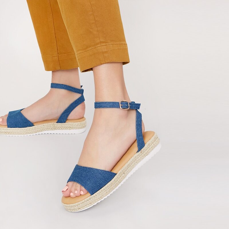 

Denim Open Toe Ankle Strap Espadrille Sandals, Blue