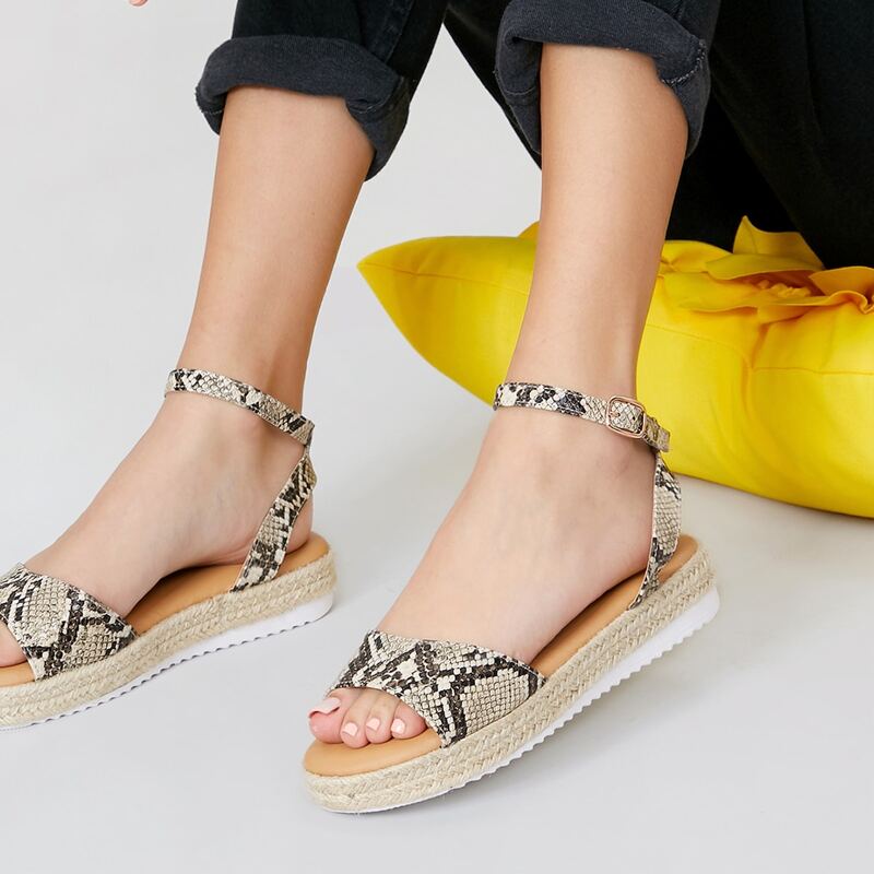 

Snakeskin Open Toe Buckle Ankle Espadrille Sandals, Multicolor
