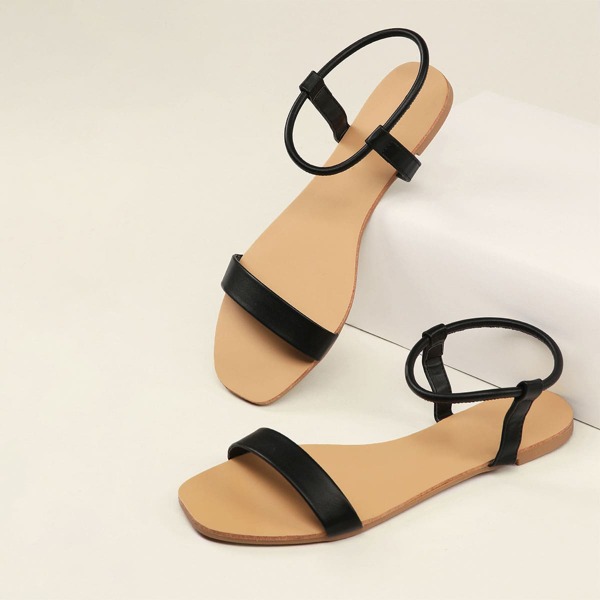 

Square Toe Ankle Strap Gladiator Sandals, Black