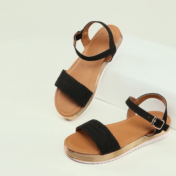 

Woven Open Toe Band Platform Ankle Strap Sandals, Black