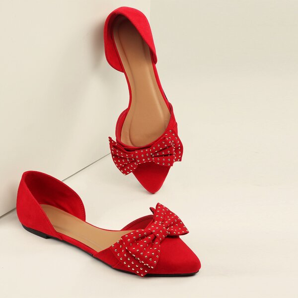 

Pointy Toe Stud Accent Bow Side Cut Out Flats, Red