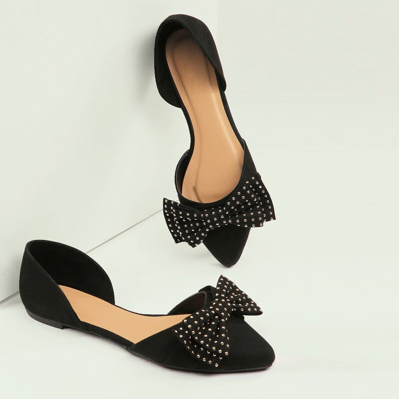 

Pointed Toe Studded Bow Accent Dorsay Flats, Black