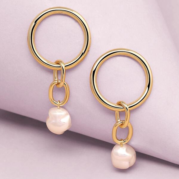 

1pair Small Hoop Earrings With Pearl Accents, Gold