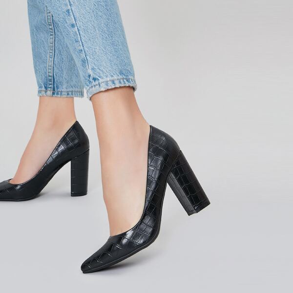 

Pointy Toe Croc Embossed Block Heel Pumps, Black