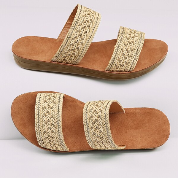 

Woven Double Band Footbed Slide Sandals, Beige