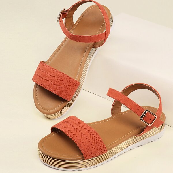

Woven Open Toe Band Buckled Ankle Flatform Sandals, Red