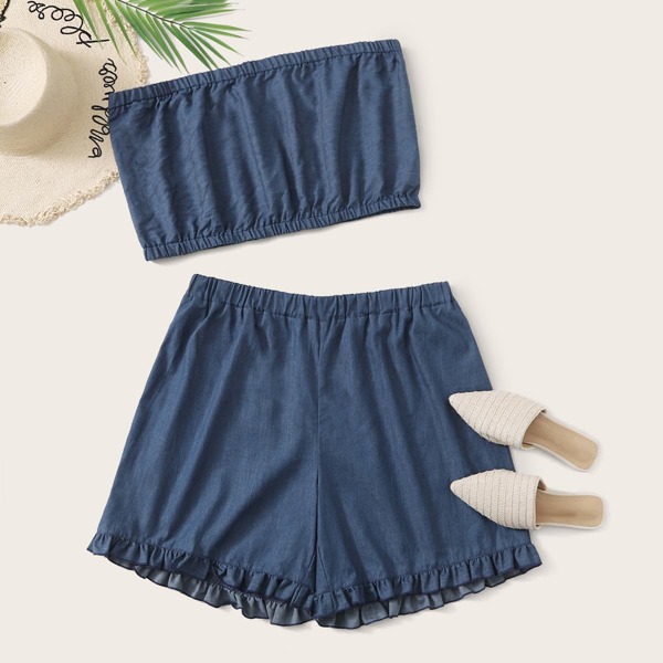 

Plus Tube Denim Top & Frill Trim Denim Shorts, Navy blue