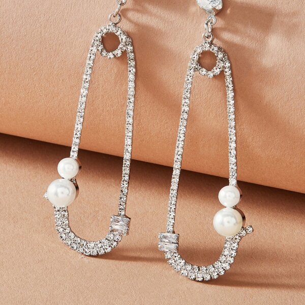 

1pair Faux Pearl Decor Safety Pin Drop Earrings, Silver