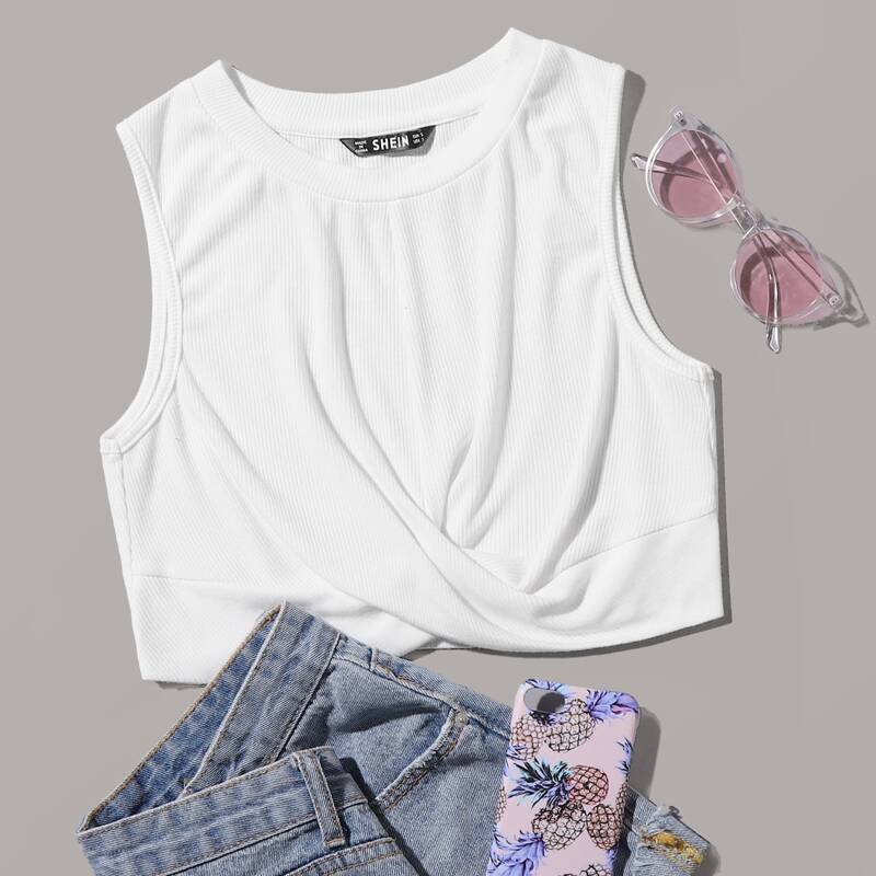 

Cross Wrap Hem Crop Tank Top, White