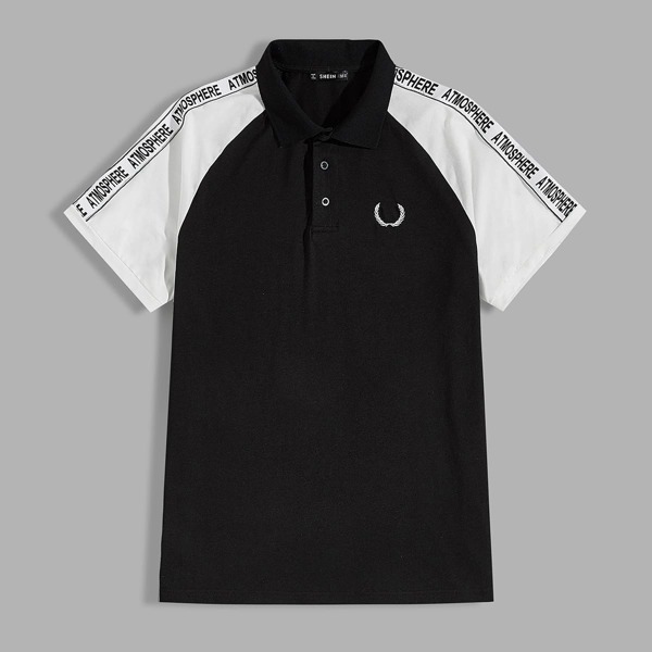 

Men Raglan Sleeve Letter Tape Embroidered Detail Polo Shirt, Black