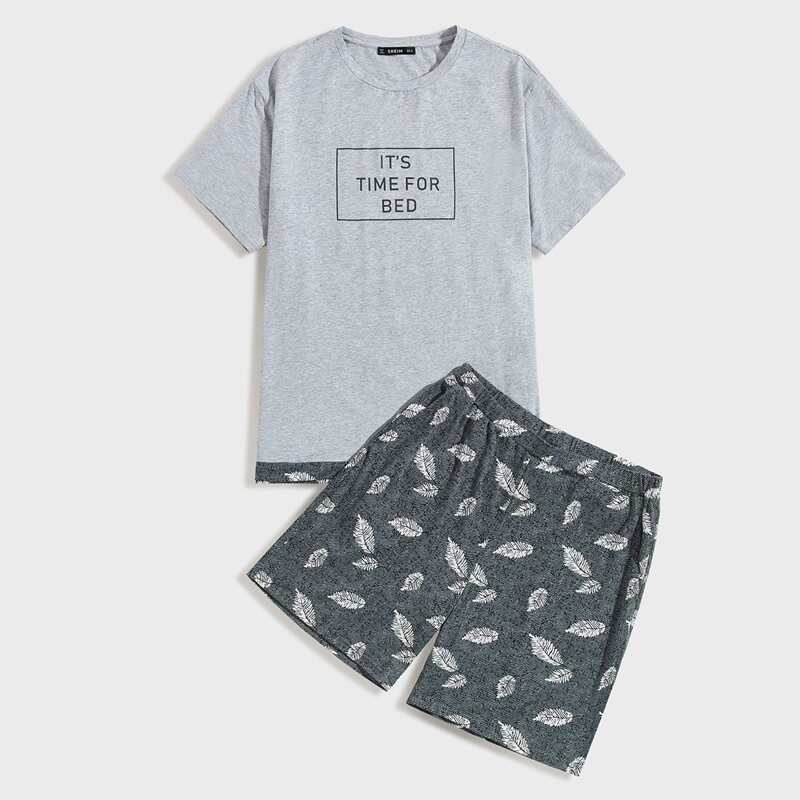 

Guys Slogan Graphic Top & Leaf Print Pants PJ Set, Grey