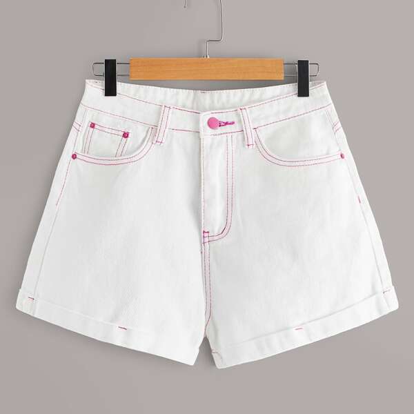 

Topstitching Straight Leg Denim Shorts, White