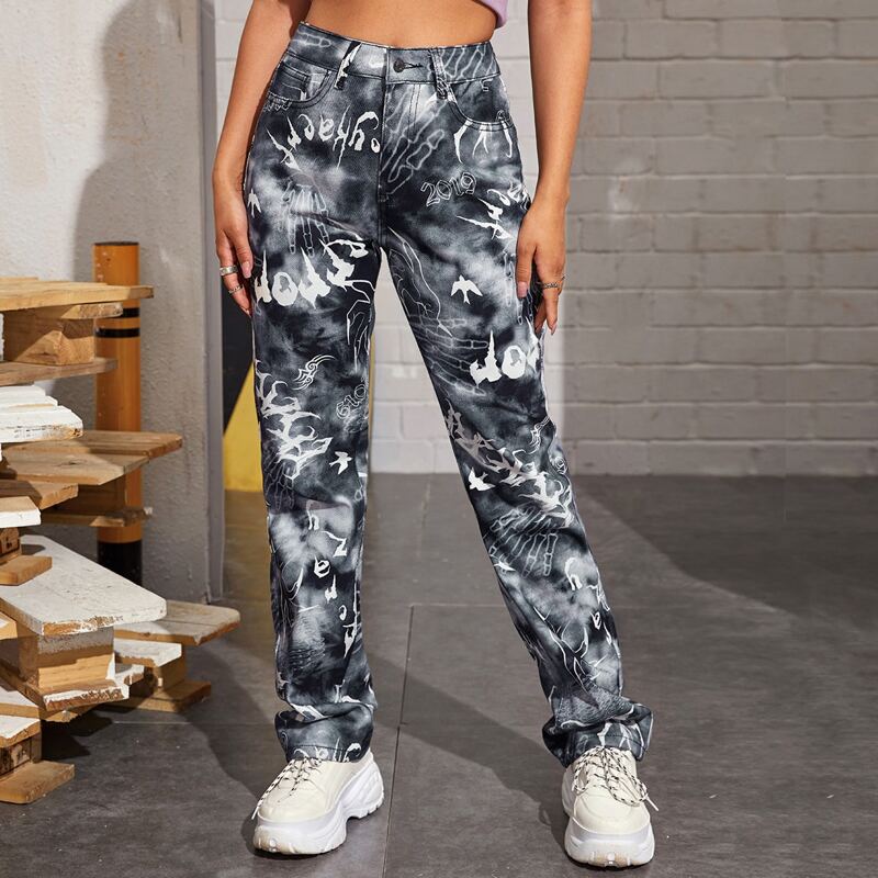 

Tie Dye & Skeleton Print Straight Leg Jeans, Black and white