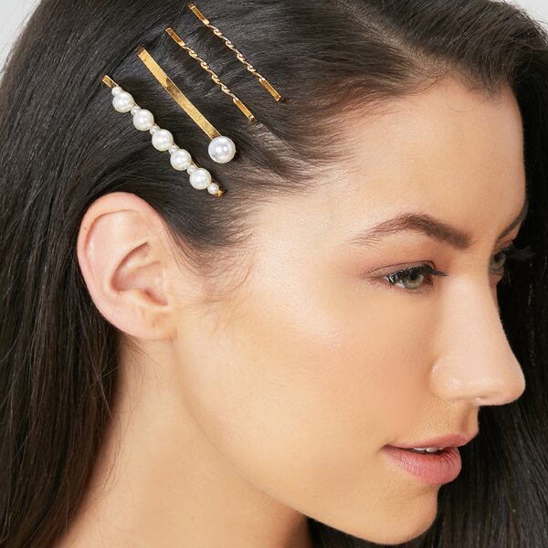 

Set Of Four Wavy And Pearl Bobby Pin Hair Clips, Gold